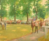 British, grooms leading racehorses through a paddock by Charles Church, oil on canvas, offered Nov 2022