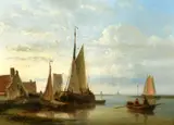 Dutch/British, a rowing boat approaching a barge with figures on a quay by Abraham Hulk Snr, oil on panel, offered Nov 2022