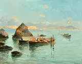Italian, figures in fishing boats in the bay of Naples by Oscar Ricciardi, oil on panel, offered Nov 2022