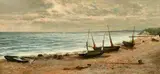British, fishing boats moored along a beach with figures in the distance by Albert Hodder, 1877, oil on canvas, offered Nov 2022