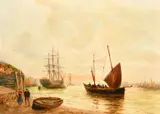 British, fishing boat leaving port with figures conversing on a quay by Bernard Benedict Hemy, oil on canvas, sold Nov 2022