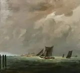 A coastal seascape with sailing boats and a steam ship with grey skies above by Frank Lewis Emanuel, oil on canvas, offered Nov 2022