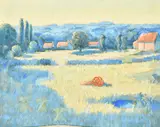 Australian, farm buildings in a landscape with hills beyond by Norman Lloyd, oil on canvas, sold Nov 2022