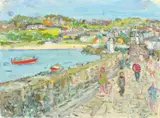 Figures walking on a harbour with a town in the distance by Linda Weir, 2000, oil on canvas, offered Nov 2022