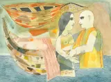 Indian, embracing figures by boats in a waterway by Badri Narayan, watercolour, sold Nov 2022
