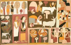 Indian, an untitled composition of scenes of figures, cattle and trees by Kalal Laxma Goud, 1961, gouache on card, sold Nov 2022