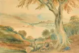Scottish, wayfarers resting with a view of Loch Awe and Kilchurn Castle in the distance by Horatio McCulloch, watercolour, offered Nov 2022