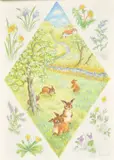 A group of rabbits in Springtime and wildflowers by Ella Bruce, watercolour, sold Nov 2022