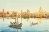 Vittoriosa - Grand Canal by Edwin Galea, 1979, watercolour, sold Nov 2022