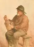 British, an elderly gentleman adjusting a lamp by Fred McNamara Evans, watercolour, sold Nov 2022