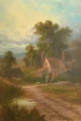 British, A female figure feeding chickens outside a country cottage by Sidney Yates Johnson, oil on canvas, offered Nov 2022
