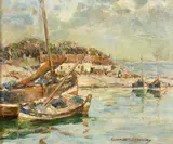 Scottish, A coastal scene with boats and figures beyond by Gertrude Mary Coventry, oil on canvas, offered Nov 2022