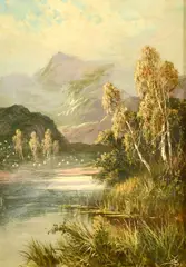 A tranquil landscape with trees and water with mountains beyond by Sidney Yates Johnson, oil on canvas, offered Nov 2022