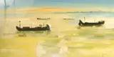 South African, moored boats with a headland beyond by Thea Soggot, mixed media, sold Nov 2022
