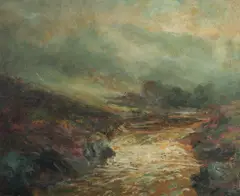 British, a mountain river surrounded by fog by John Falconer Slater, oil on canvas, sold Nov 2022