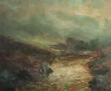 British, a mountain river surrounded by fog by John Falconer Slater, oil on canvas, sold Nov 2022