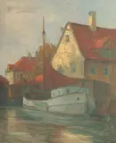 Danish, A Dutch barge moored alongside a house on the canal by Lars Kliim, oil on canvas, sold Nov 2022
