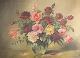 A still life of mixed roses in a glass vase by R. Schwetter, oil on canvas, offered Nov 2022