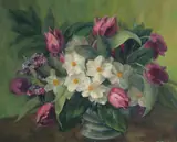 A still life of Spring flowers, tulips and daffodils by J. Rockingham, oil on board, sold Nov 2022