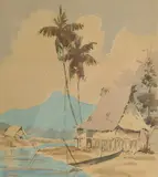 Malaysian, Dwellings with palm trees and a boat and mountain beyond, Malaya by Abu Bakar Ibrahim, watercolour, offered Nov 2022