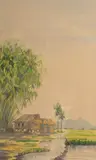 A hut next to rice fields Malaya by M. Sibik, watercolour, offered Nov 2022