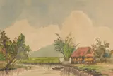 A hut next to rice fields with a mountain beyond, Malaya by M. Sibik, watercolour, offered Nov 2022