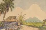 A hut next to palm trees and rice fields with a mountain beyond, Malaya by M. Sibik, watercolour, offered Nov 2022