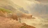 Fisherman on a rocky coastline with a rough sea and storm clouds approaching by William Cook Of Plymouth, watercolour, offered Nov 2022