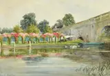 British, swans gathered by formal garden on the Thames by May E. Walter, watercolour, sold Nov 2022
