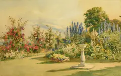 Delphiniums and Crimson Rambler with Mountains by Ella Du Cane, watercolour, offered Nov 2022