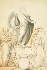 A bookplate design with Fra Bartolomeo's Christ with the Evangelists, pen by Samuel Woodforde, ink and grey, offered Nov 2022