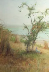 A figure seated with a basket under a tree in a field with hay ricks by the sea by Charles Pearson Knight, 1897, watercolour, sold Nov 2022