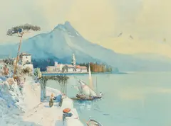 British, Figures and a sailing boat on the edge of a Venetian Lake with mountains beyond by Godwin Bennett, watercolour, offered Nov 2022