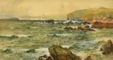 British, A rocky coastline with sailboats beyond by Joseph Hughes Clayton, watercolour, offered Nov 2022