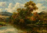 British, Figures by a river with hills beyond by Carl Brennir, oil on canvas, offered Oct 2022