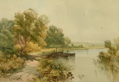 British, Boats moored in a river landscape with a bankside cottage by John Steeple, 1875, watercolour, offered Oct 2022