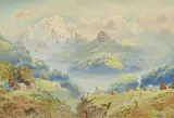 British, Wayfarers conversing by fields in an Alpine landscape by Charles Jones Way, watercolour, offered Oct 2022