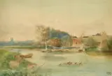 British, A view across a river with buildings and a church beyond by Henry Charles Fox, watercolour, offered Oct 2022