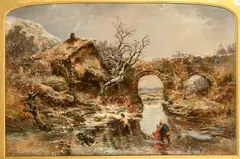 British, children crossing a frozen waterway with a stone bridge and watermill beyond by Charles Branwhite, oil on canvas, offered Oct 2022
