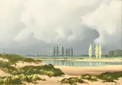 French, tall trees by an estuary beneath breaking skies by Pierre de Clausade, oil on canvas, sold Oct 2022