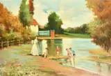 Spanish, A mother and children playing by the edge of a river by J. Giralt Lerin, oil on canvas, offered Oct 2022