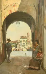British, figures in an archway by a Venetian canal by Henry Woods, oil on canvas, offered Oct 2022