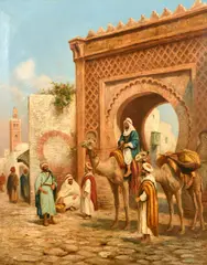British, Arab figures and camels gathered beneath an archway in a North African city by Frederick Goodall, 1897, oil on canvas, sold Oct 2022