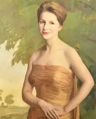 British, a portrait of an elegant lady in an off-shoulder dress by Michael Gilbery, 1961, oil on canvas, sold Oct 2022