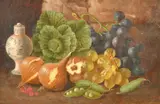 A still life study of fruit vegetables and a Chinese jar by George Crisp, oil on canvas, sold Oct 2022