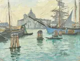Sailboats moored in Venice by Margaret Evangeline Wilson, oil on canvas, sold Oct 2022