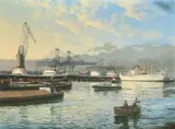 Clarkson Vessels at Rotterdam by Gordon Ellis, oil on board, offered Oct 2022