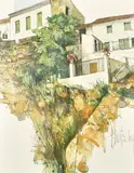 A study of whitewashed Continental houses on a hillside by Pierre Birtschi, oil on canvas, offered Oct 2022