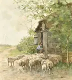 Dutch, a farmer with his flock by a wooden barn by William Steelink Jr., watercolour, sold Oct 2022
