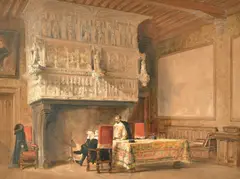 Figures by a fire in an interior by Louis Haghe, 1839, watercolour, sold Oct 2022